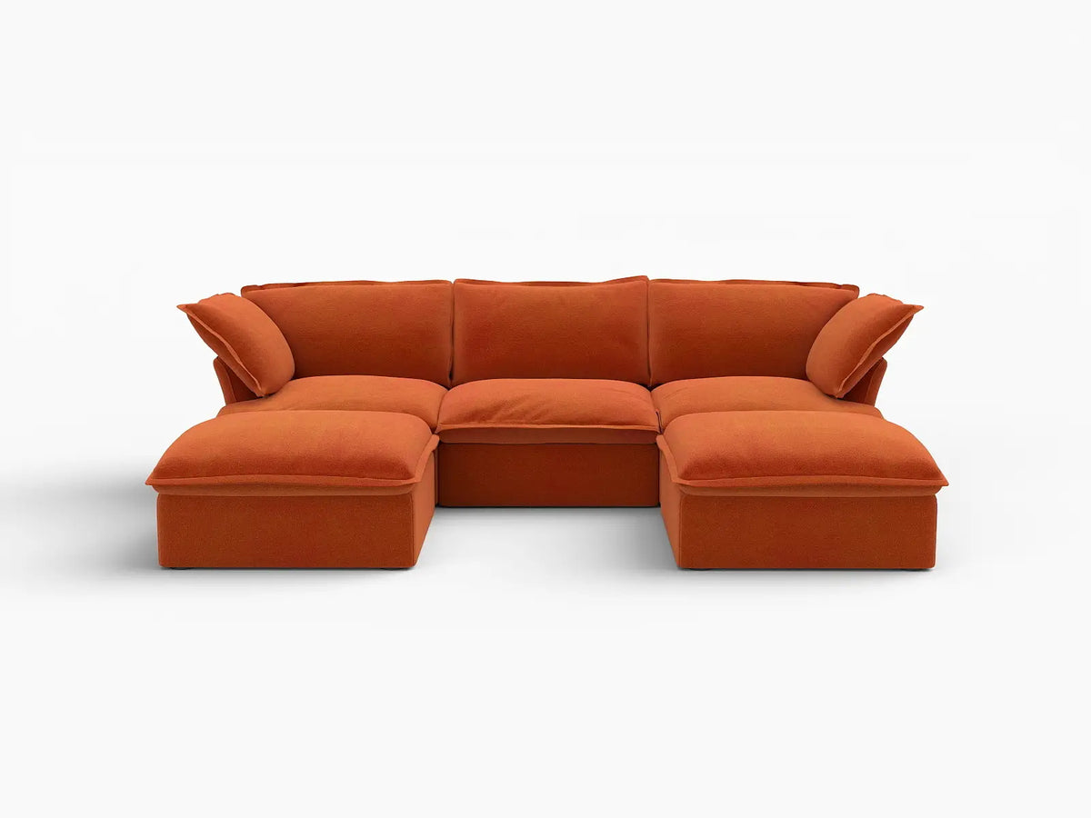 Deluxe Cloud Dark Orange 3-Seater Modular Sectional | 5-Piece (includes 2 ottomans), Velvet Fabric, Storage Ottoman