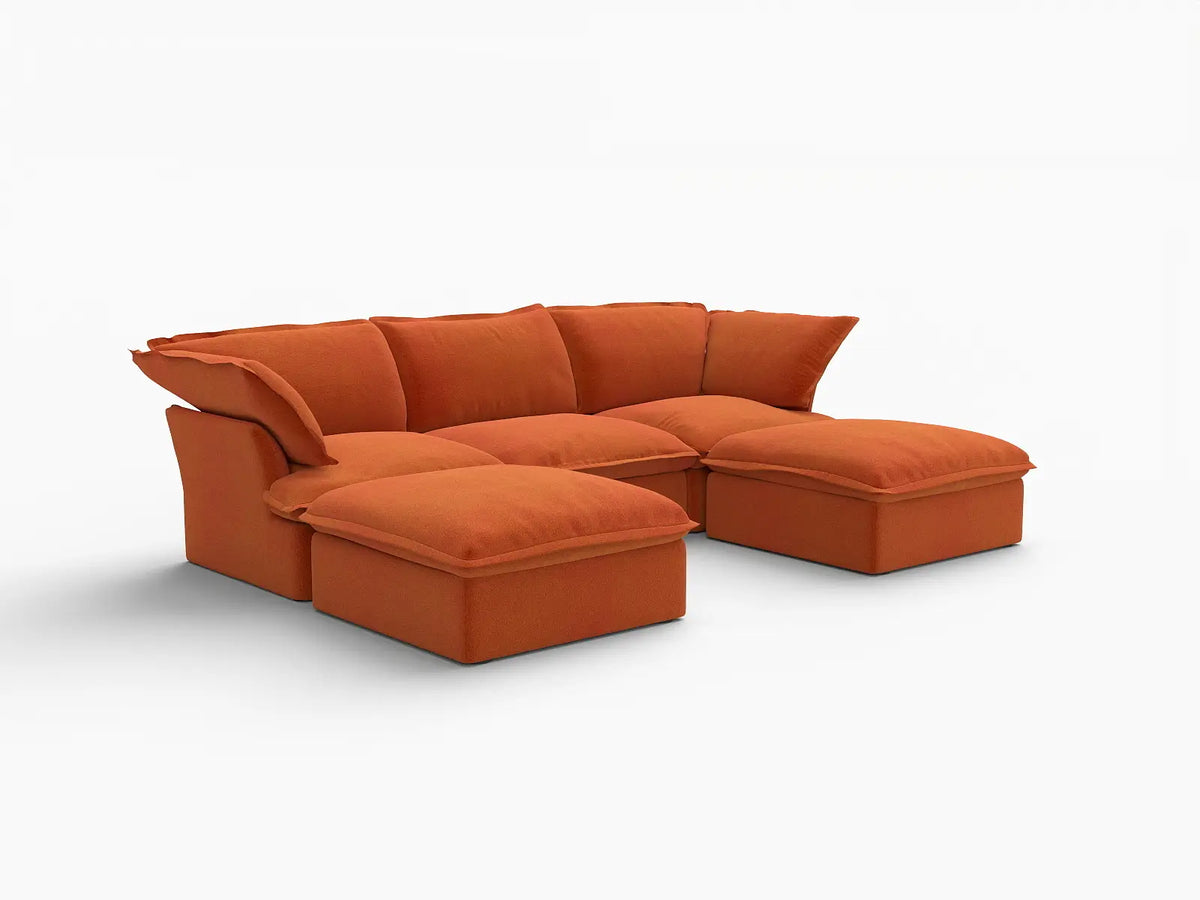 Deluxe Cloud Dark Orange 3-Seater Modular Sectional | 5-Piece (includes 2 ottomans), Velvet Fabric, Storage Ottoman