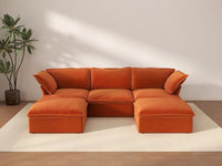 Deluxe Cloud Dark Orange 3-Seater Modular Sectional | 5-Piece (includes 2 ottomans), Velvet Fabric, Storage Ottoman