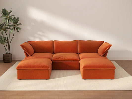 Sofá seccional modular de lujo Cloud naranja oscuro de 3 plazas | 5 piezas (incluye 2 otomanas), tela de terciopelo, otomana de almacenamiento