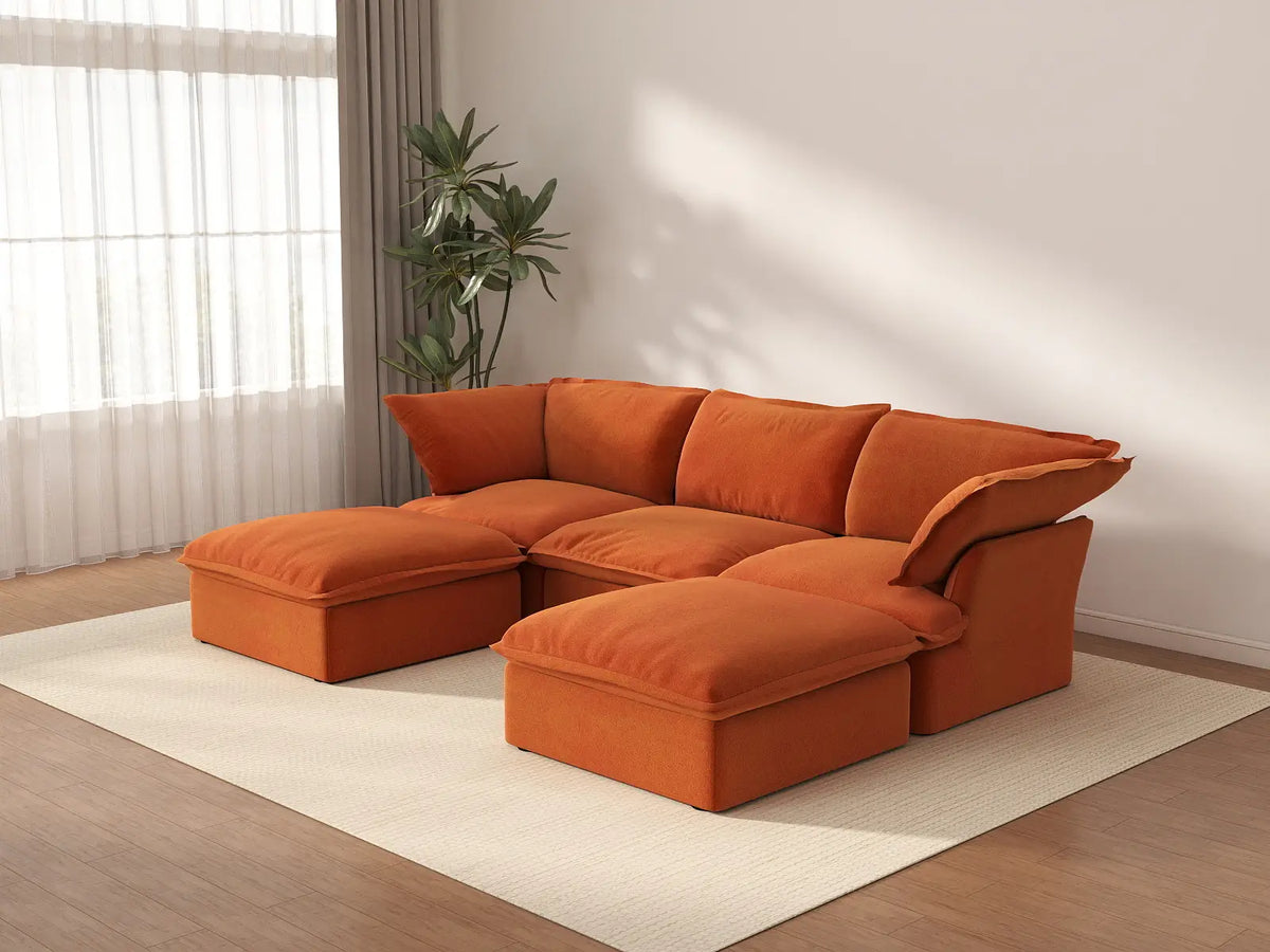 Deluxe Cloud Dark Orange 3-Seater Modular Sectional | 5-Piece (includes 2 ottomans), Velvet Fabric, Storage Ottoman