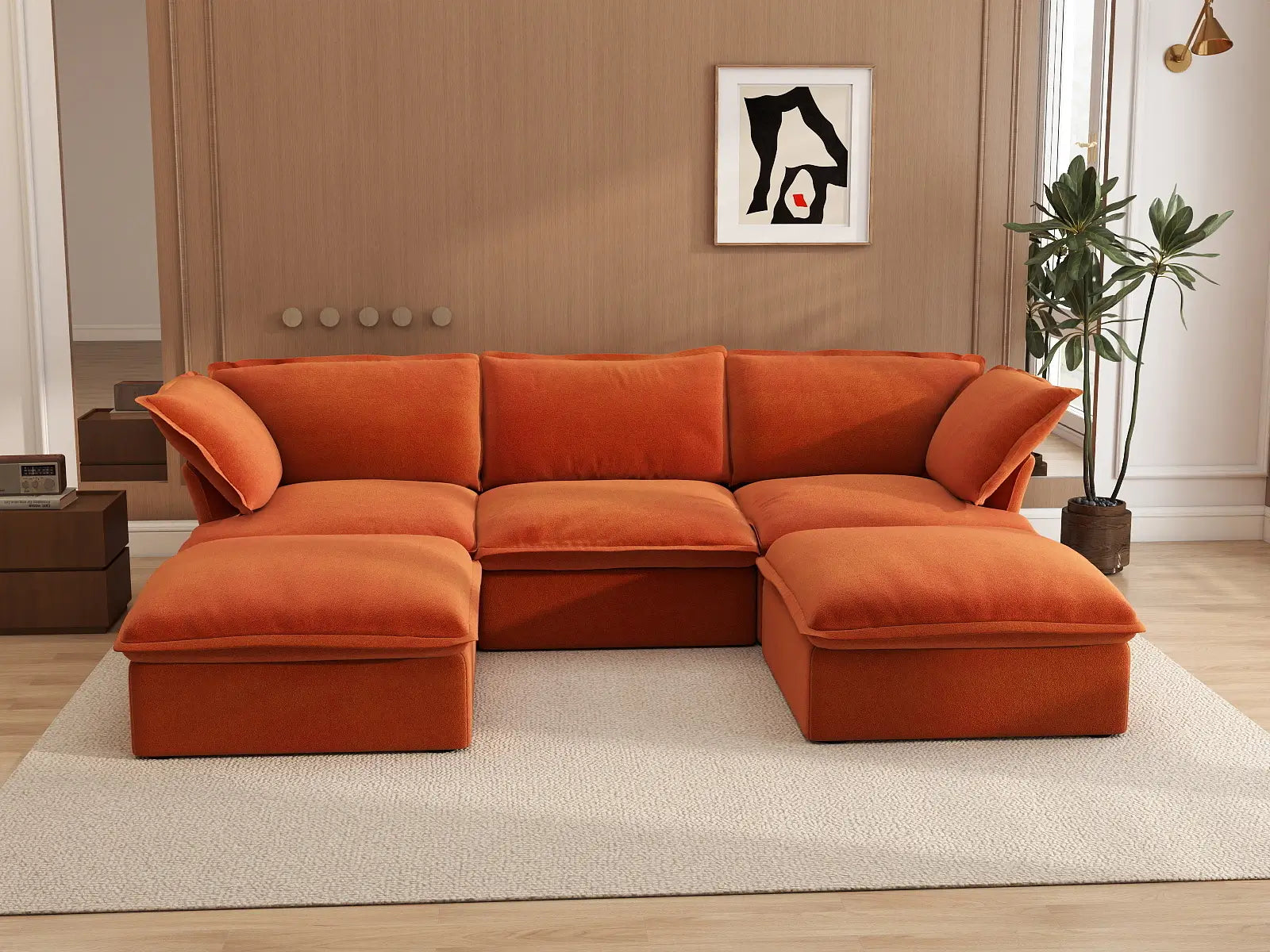 Sofá seccional modular de lujo Cloud naranja oscuro de 3 plazas | 5 piezas (incluye 2 otomanas), tela de terciopelo, otomana de almacenamiento