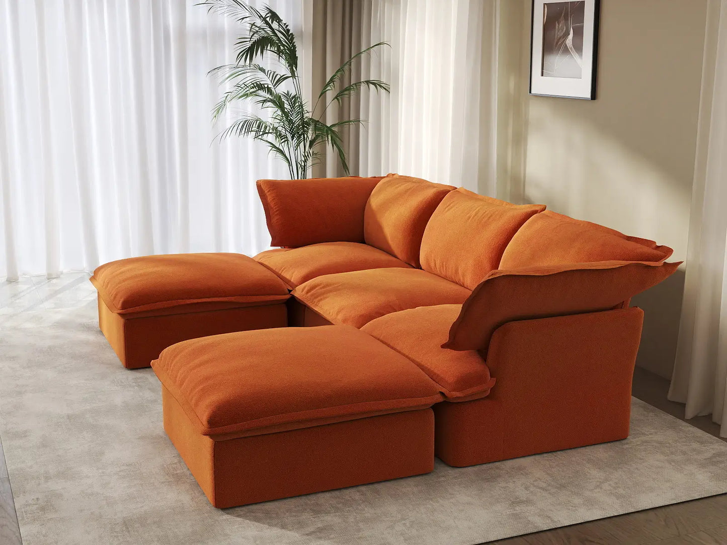 Deluxe Cloud Dark Orange 3-Seater Modular Sectional | 5-Piece (includes 2 ottomans), Velvet Fabric, Storage Ottoman