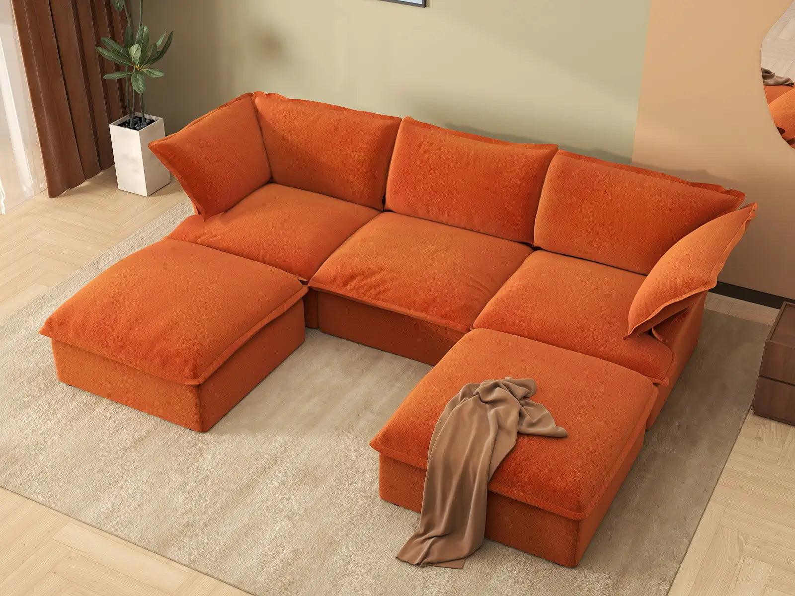 Sofá seccional modular de lujo Cloud naranja oscuro de 3 plazas | 5 piezas (incluye 2 otomanas), tela de terciopelo, otomana de almacenamiento