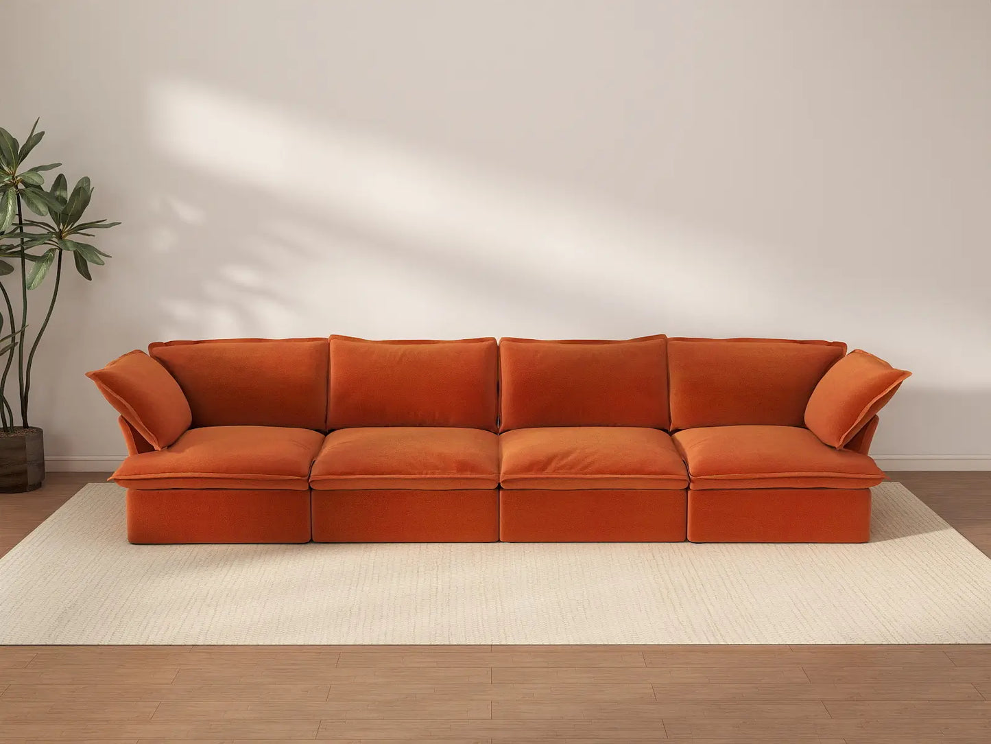 Seccional Sofá Deluxe Cloud de 4 Plazas Naranja Oscuro | 4 Piezas, Tela de Terciopelo, Fundas Lavables
