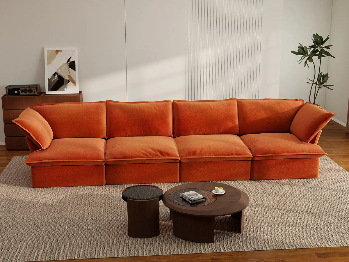 Seccional Sofá Deluxe Cloud de 4 Plazas Naranja Oscuro | 4 Piezas, Tela de Terciopelo, Fundas Lavables