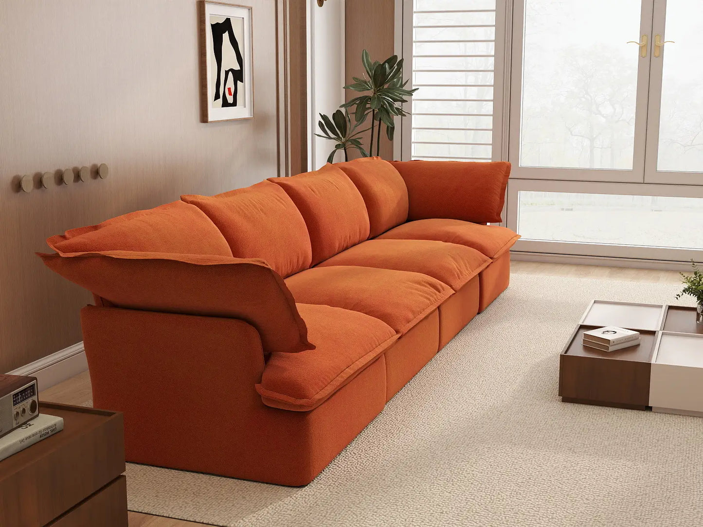 Seccional Sofá Deluxe Cloud de 4 Plazas Naranja Oscuro | 4 Piezas, Tela de Terciopelo, Fundas Lavables