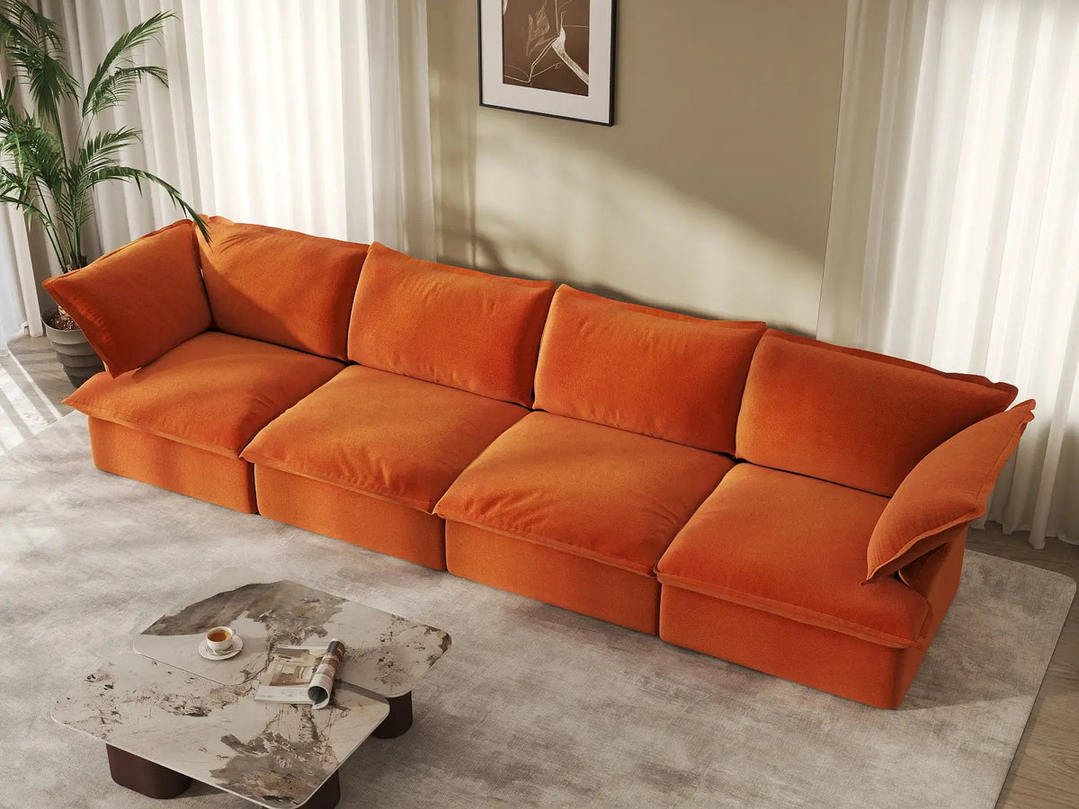 Seccional Sofá Deluxe Cloud de 4 Plazas Naranja Oscuro | 4 Piezas, Tela de Terciopelo, Fundas Lavables