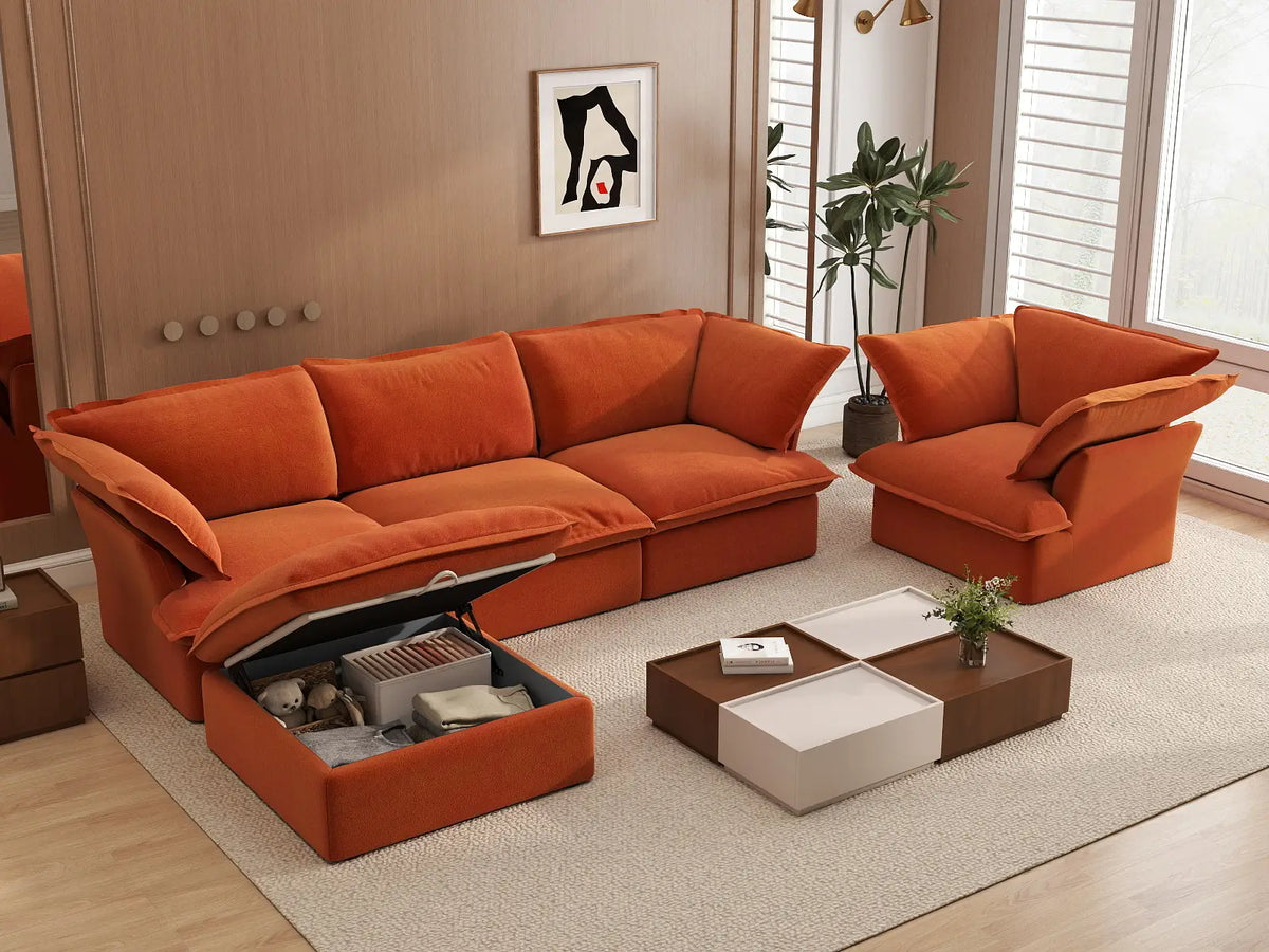 Deluxe Cloud Dark Orange 4-Seater Sofa Set | 5-Piece (includes 1 ottoman), Velvet Fabric, Storage Ottoman