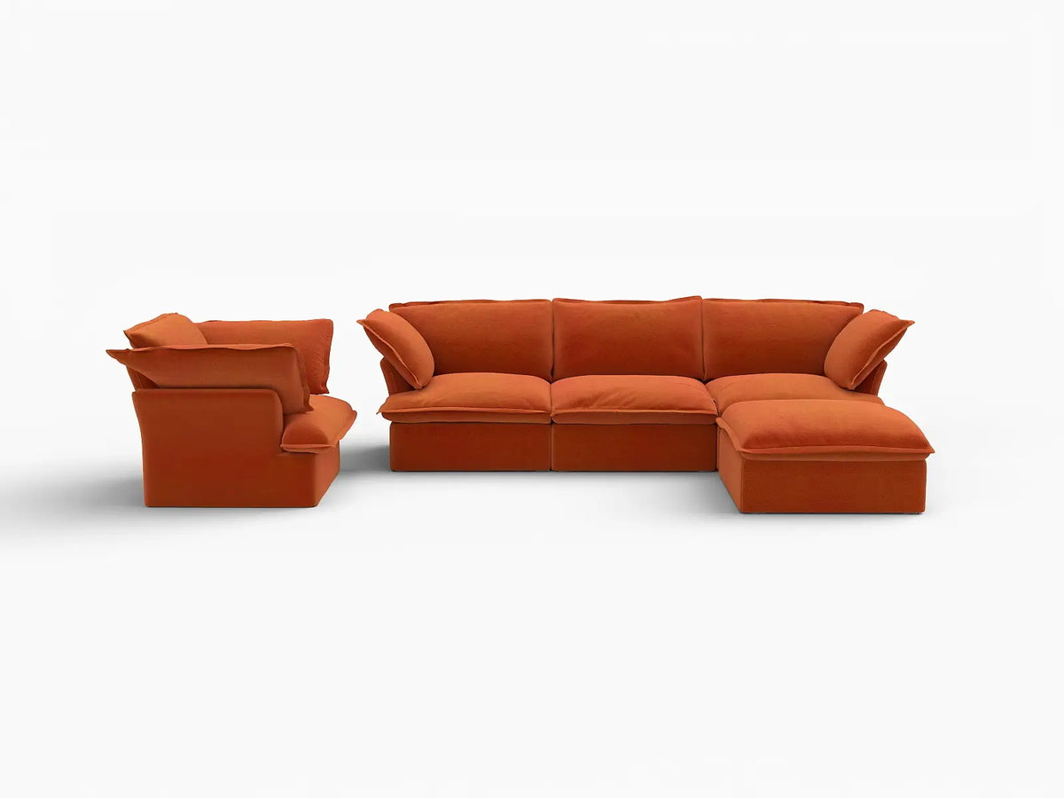 Deluxe Cloud Dark Orange 4-Seater Sofa Set | 5-Piece (includes 1 ottoman), Velvet Fabric, Storage Ottoman
