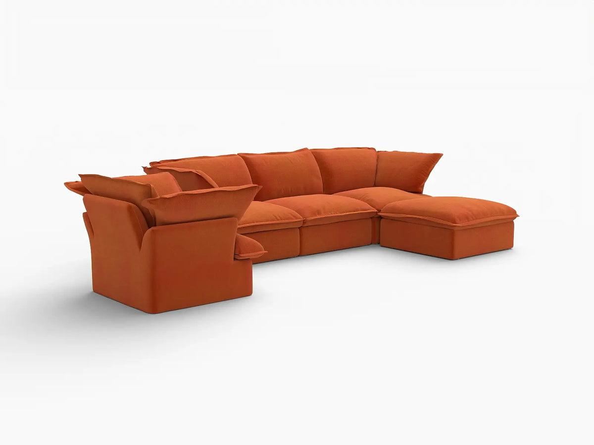 Deluxe Cloud Dark Orange 4-Seater Sofa Set | 5-Piece (includes 1 ottoman), Velvet Fabric, Storage Ottoman