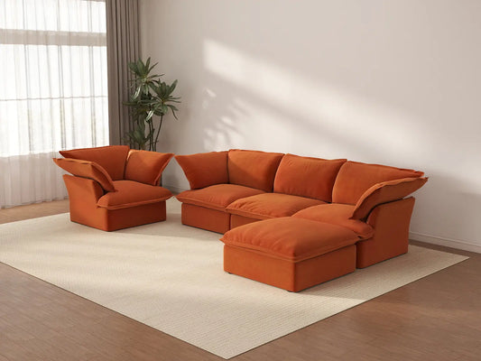 Juego de sofá de 4 plazas Deluxe Cloud Naranja Oscuro | 5 piezas (incluye 1 otomana), tela de terciopelo, otomana con almacenamiento