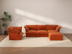 Deluxe Cloud Dark Orange 4-Seater Sofa Set | 5-Piece (includes 1 ottoman), Velvet Fabric, Storage Ottoman