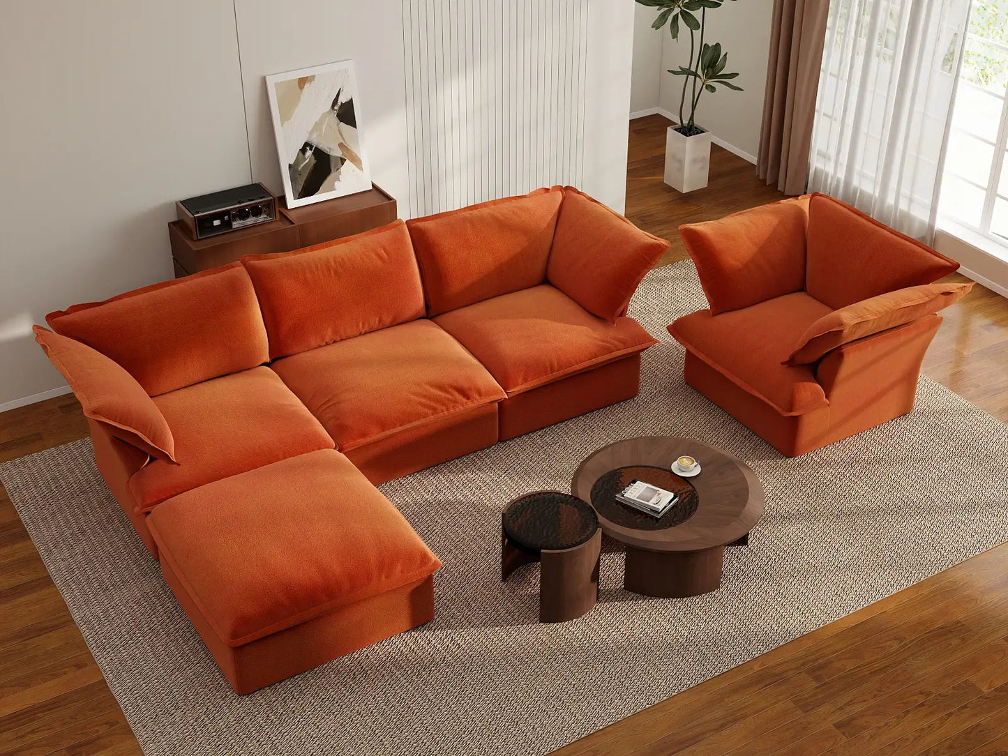 Deluxe Cloud Dark Orange 4-Seater Sofa Set | 5-Piece (includes 1 ottoman), Velvet Fabric, Storage Ottoman