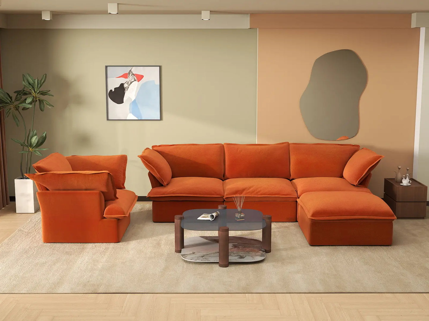 Deluxe Cloud Dark Orange 4-Seater Sofa Set | 5-Piece (includes 1 ottoman), Velvet Fabric, Storage Ottoman