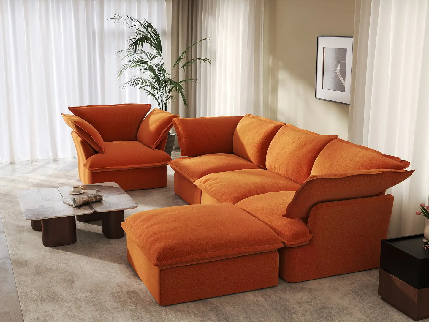 Deluxe Cloud Dark Orange 4-Seater Sofa Set | 5-Piece (includes 1 ottoman), Velvet Fabric, Storage Ottoman