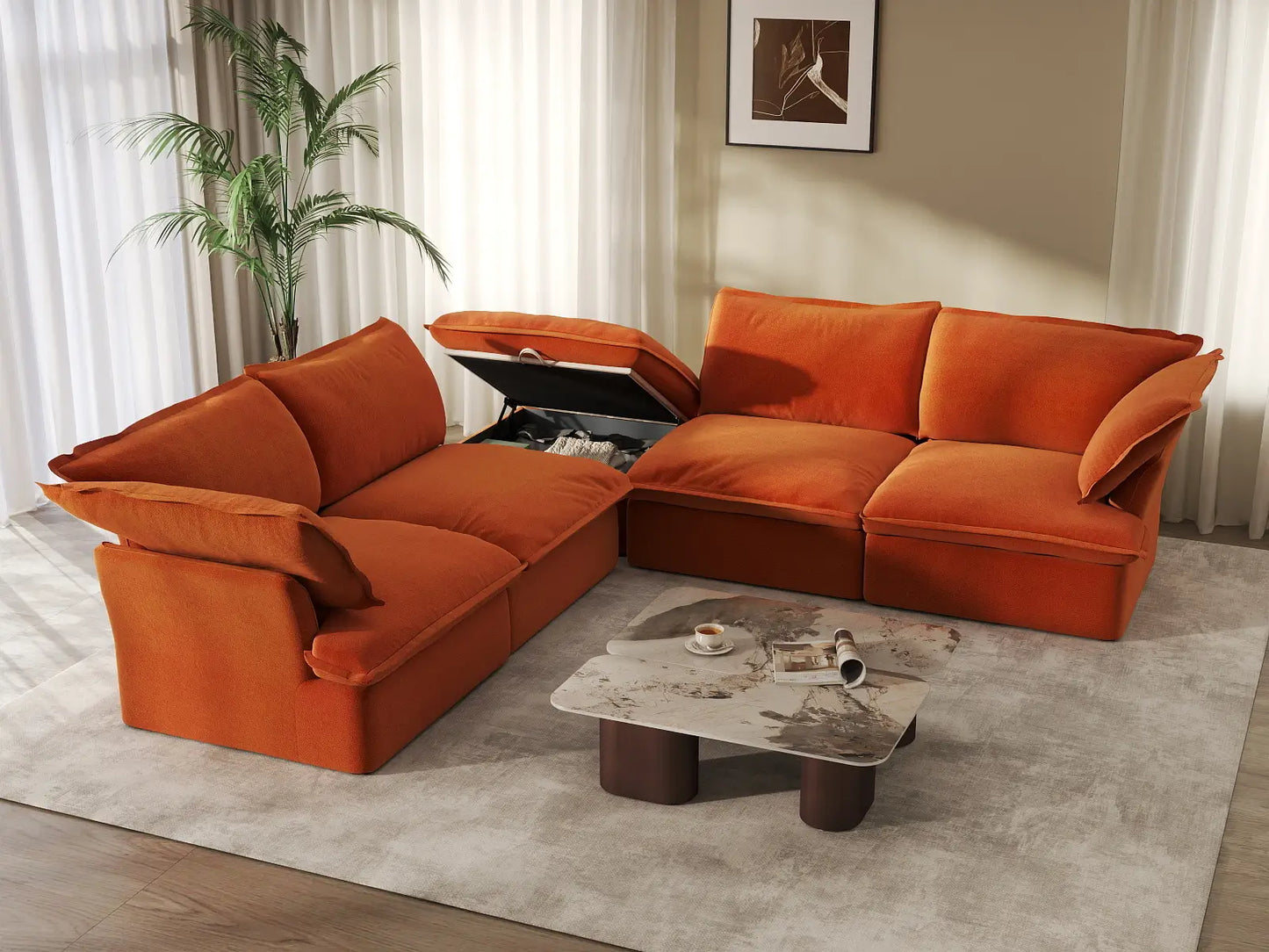 Deluxe Cloud Dark Orange 4-Seater V-Shaped Sofa with Storage | 5-Piece (includes 1 ottoman), Velvet Fabric, Washable Covers