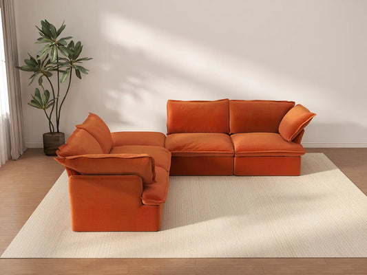Sofá deluxe en forma de V de 4 plazas en naranja oscuro Cloud con almacenamiento | 5 piezas (incluye 1 otomana), tela de terciopelo, fundas lavables