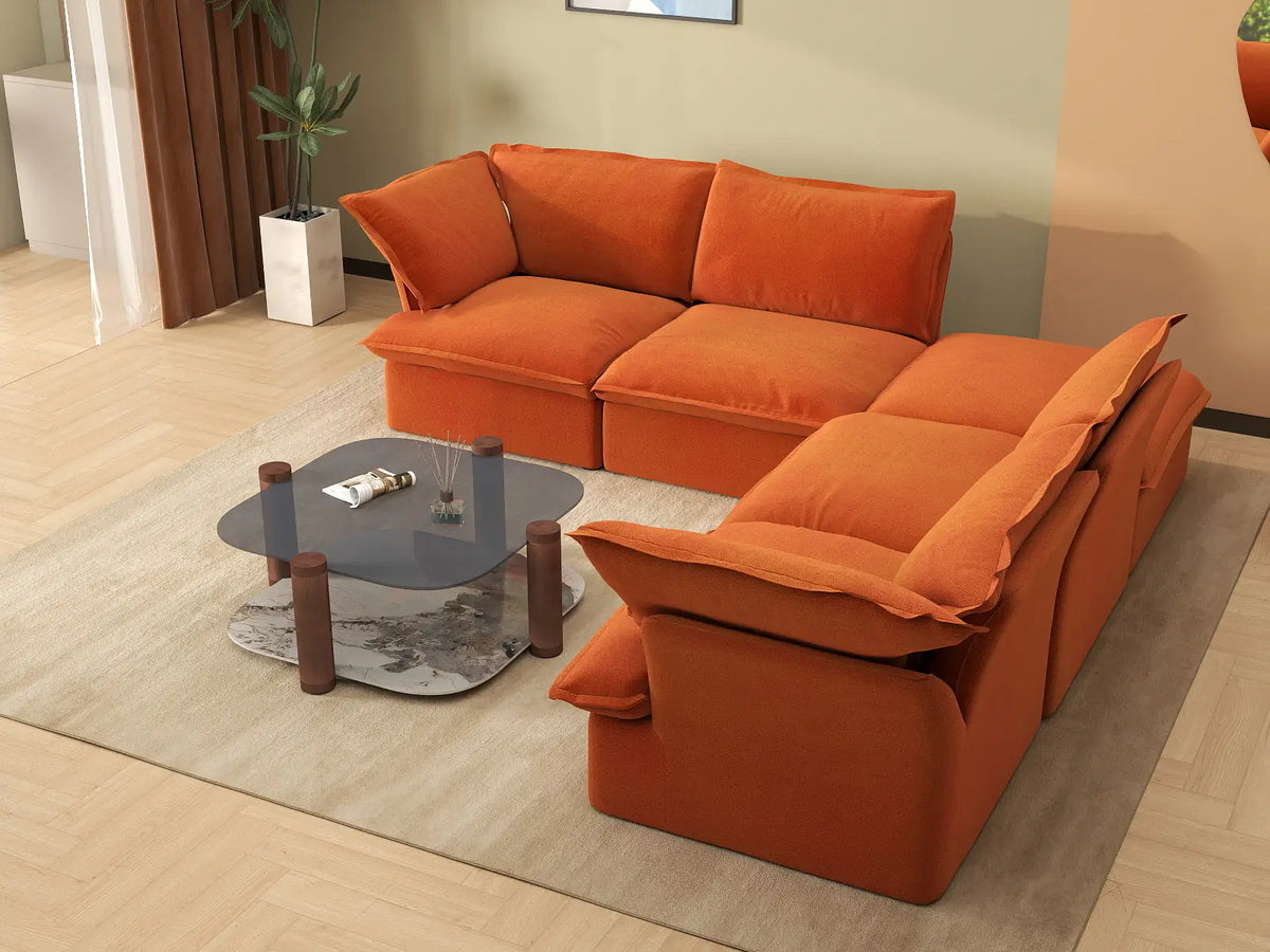 Deluxe Cloud Dark Orange 4-Seater V-Shaped Sofa with Storage | 5-Piece (includes 1 ottoman), Velvet Fabric, Washable Covers