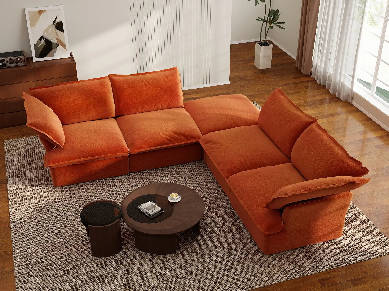 Deluxe Cloud Dark Orange 4-Seater V-Shaped Sofa with Storage | 5-Piece (includes 1 ottoman), Velvet Fabric, Washable Covers