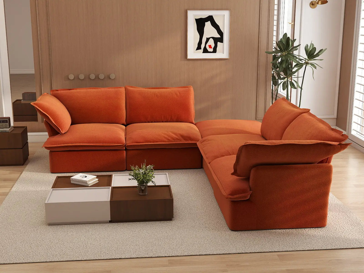 Deluxe Cloud Dark Orange 4-Seater V-Shaped Sofa with Storage | 5-Piece (includes 1 ottoman), Velvet Fabric, Washable Covers