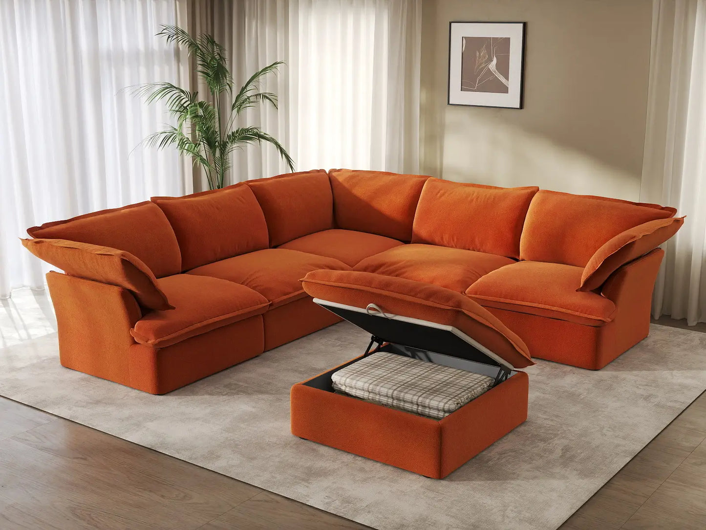 Deluxe Cloud Dark Orange 5-Seater Sofa with Storage | 6-Piece (includes 1 ottoman), Velvet Fabric, Washable Covers