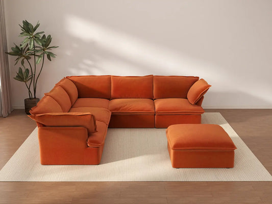 Sofá de 5 plazas Deluxe Cloud Naranja Oscuro con Almacenamiento | 6 piezas (incluye 1 otomana), Tela de Terciopelo, Fundas Lavables