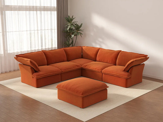 Sofá de 5 plazas Deluxe Cloud Naranja Oscuro con Almacenamiento | 6 piezas (incluye 1 otomana), Tela de Terciopelo, Fundas Lavables