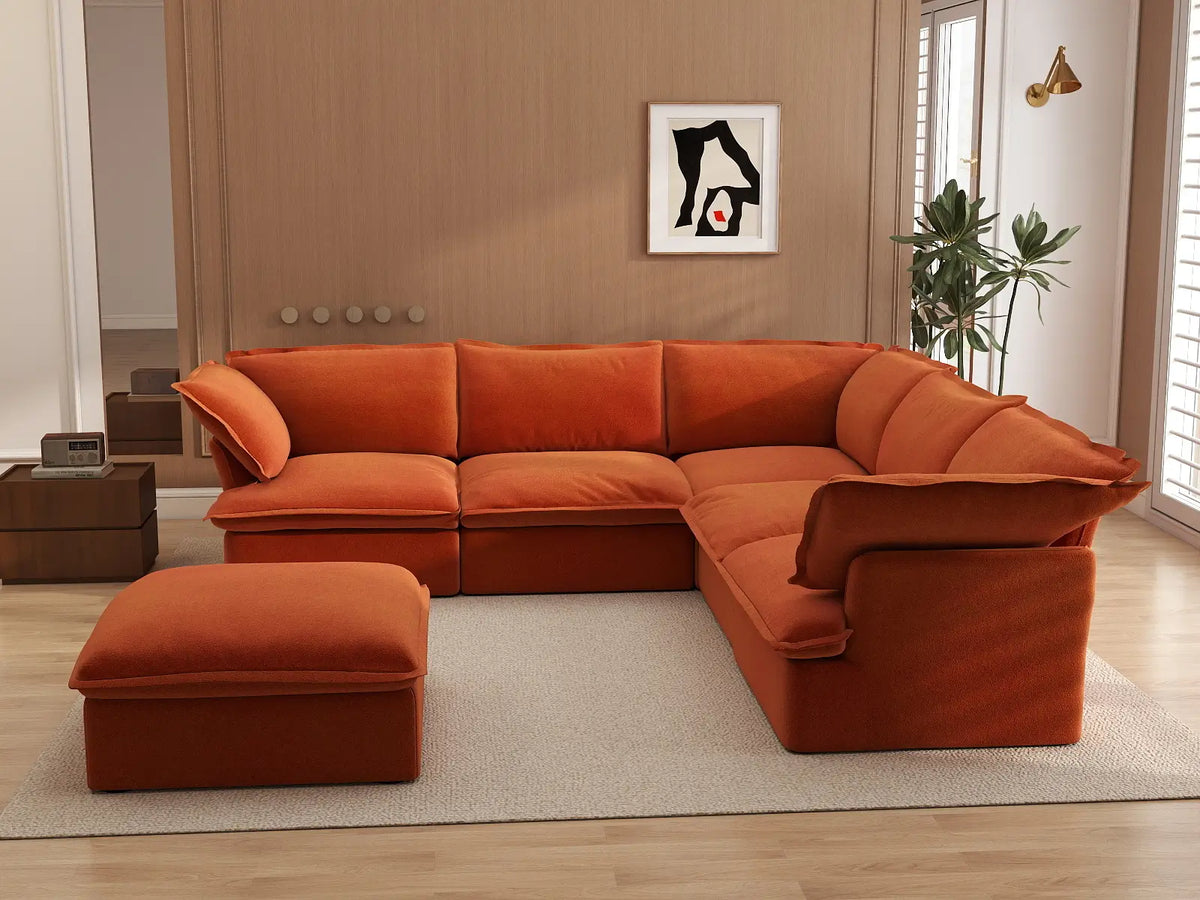 Deluxe Cloud Dark Orange 5-Seater Sofa with Storage | 6-Piece (includes 1 ottoman), Velvet Fabric, Washable Covers