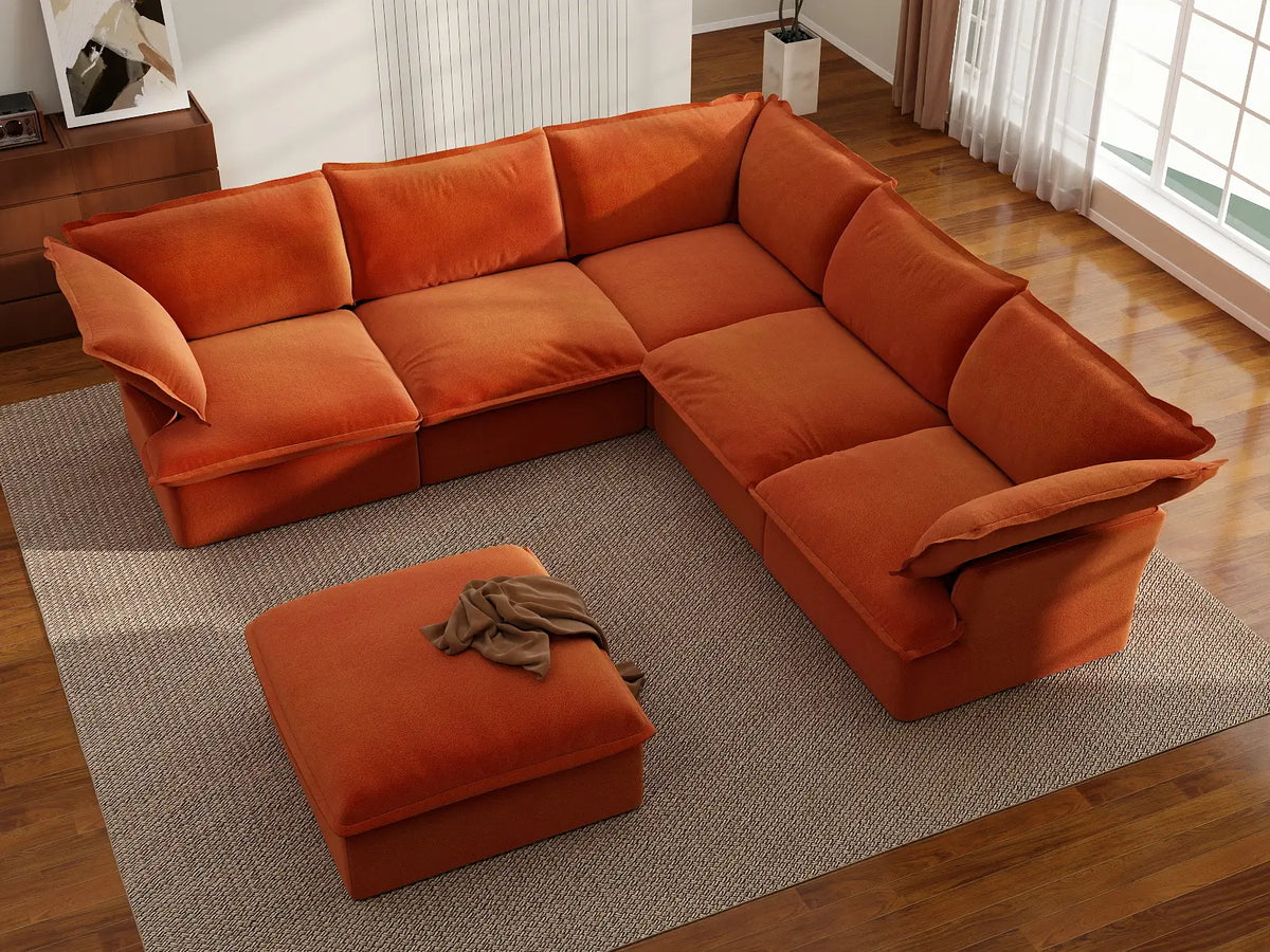 Deluxe Cloud Dark Orange 5-Seater Sofa with Storage | 6-Piece (includes 1 ottoman), Velvet Fabric, Washable Covers