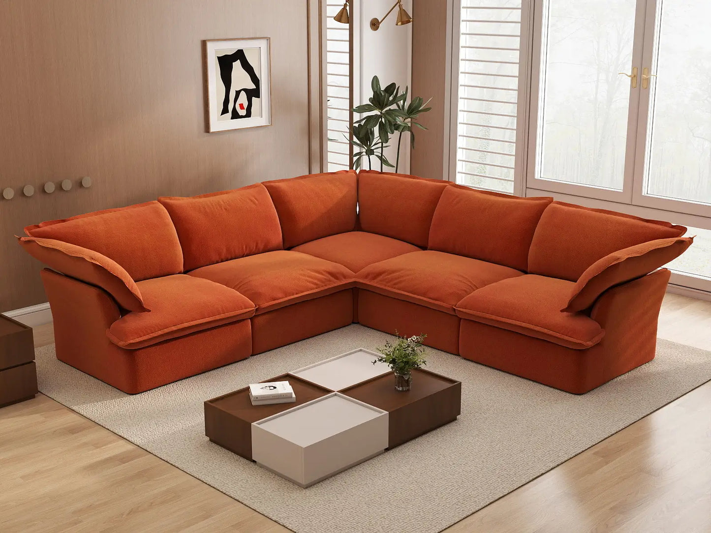 Deluxe Cloud Dark Orange 5-Seater V-Shaped Sofa | 5-Piece, Velvet Fabric, Washable Covers
