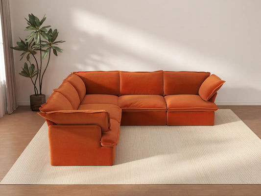 Sofá en forma de V de 5 plazas Deluxe Cloud Naranja Oscuro | 5 piezas, tela de terciopelo, fundas lavables