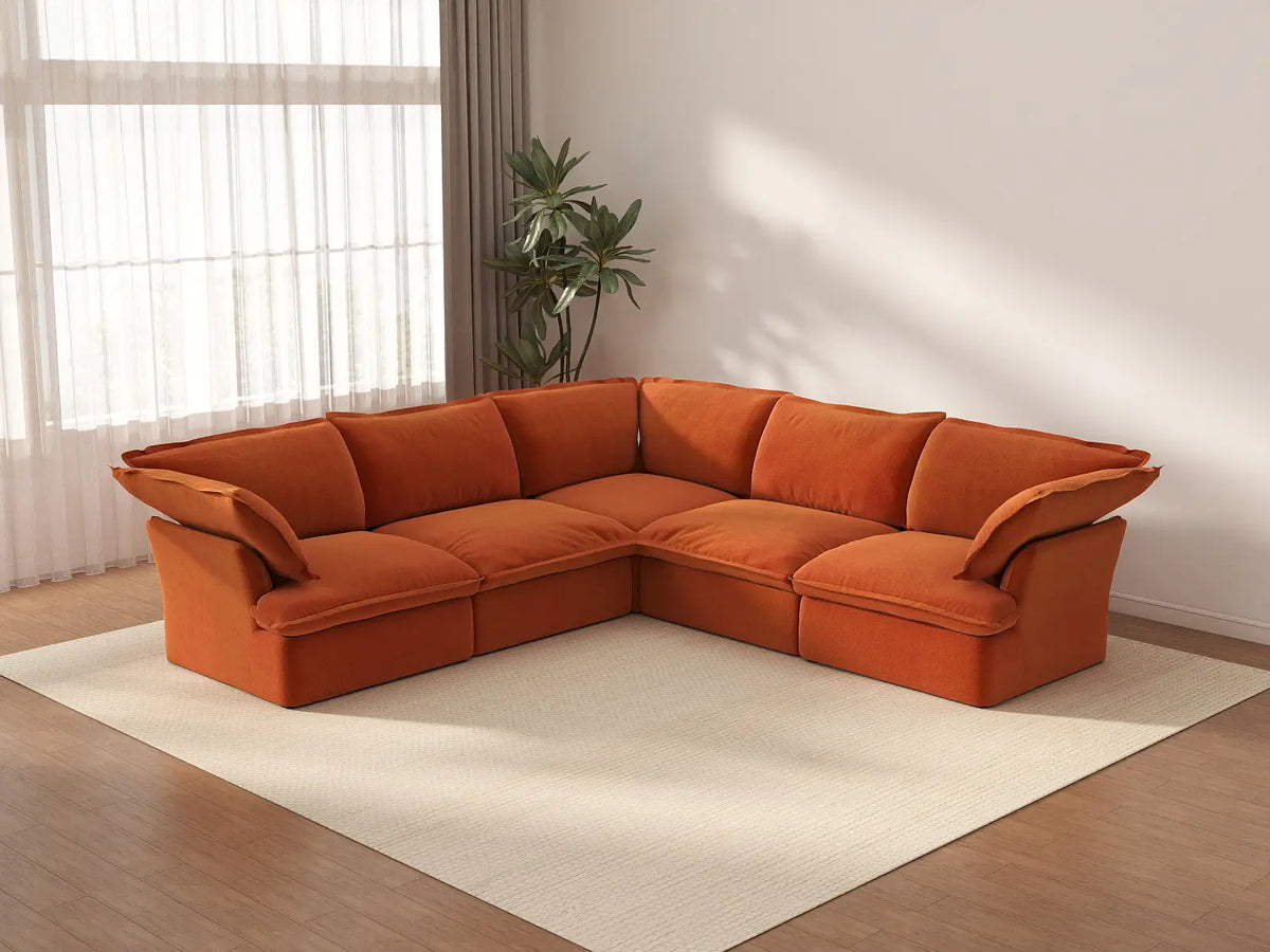 Deluxe Cloud Dark Orange 5-Seater V-Shaped Sofa | 5-Piece, Velvet Fabric, Washable Covers