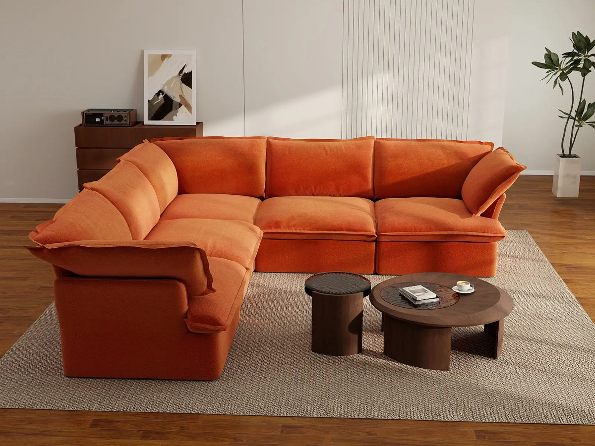 Deluxe Cloud Dark Orange 5-Seater V-Shaped Sofa | 5-Piece, Velvet Fabric, Washable Covers