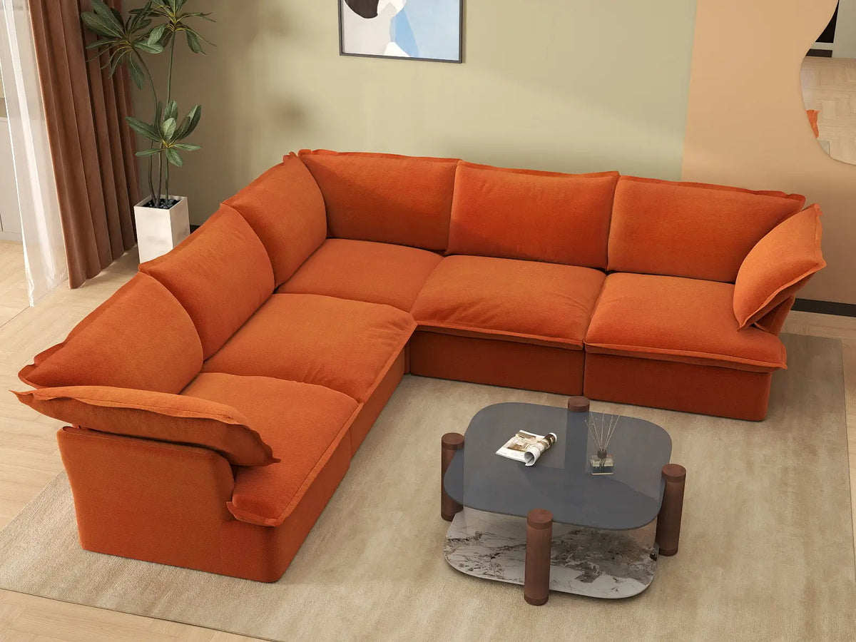 Deluxe Cloud Dark Orange 5-Seater V-Shaped Sofa | 5-Piece, Velvet Fabric, Washable Covers