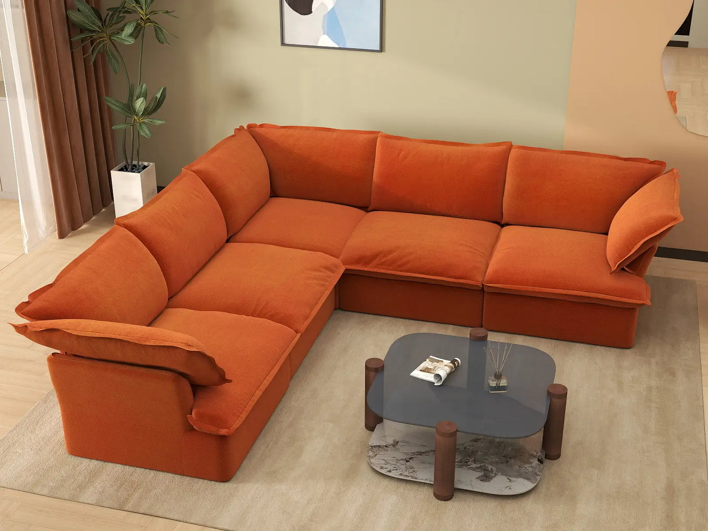Deluxe Cloud Dark Orange 5-Seater V-Shaped Sofa | 5-Piece, Velvet Fabric, Washable Covers
