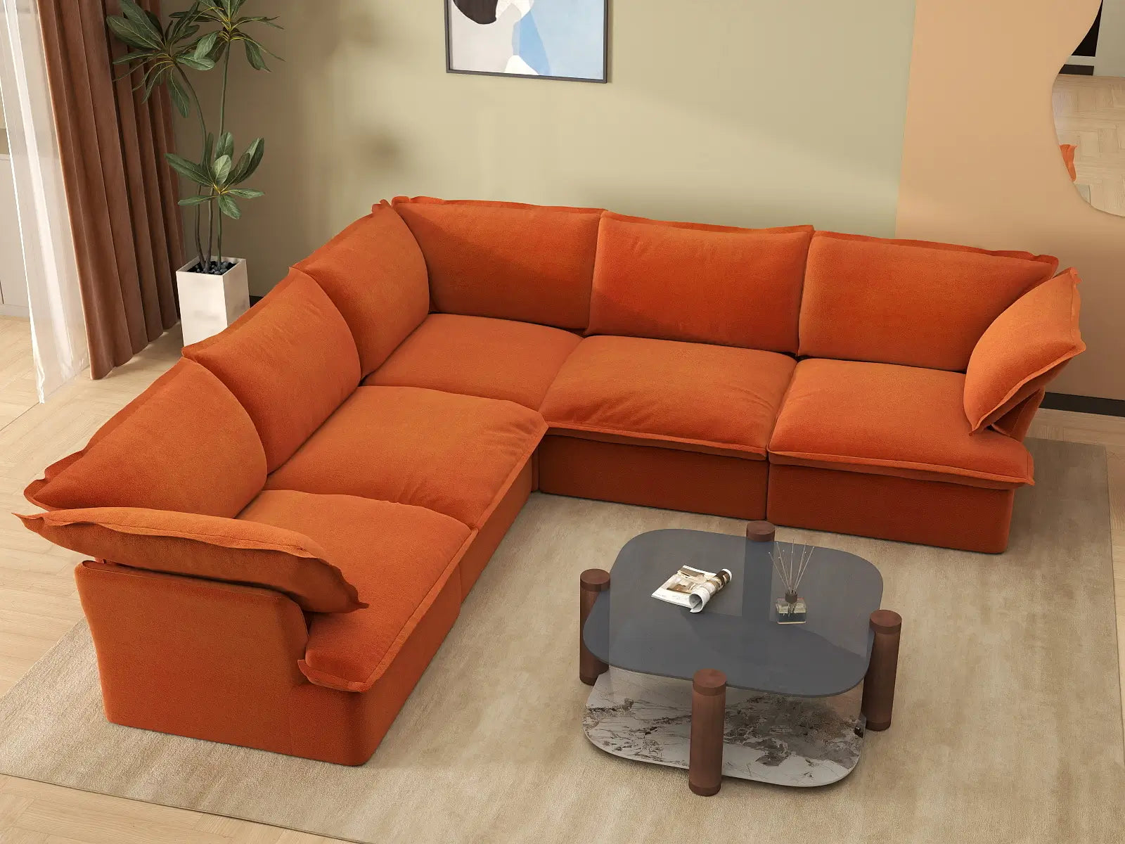 Deluxe Cloud Dark Orange 5-Seater V-Shaped Sofa | 5-Piece, Velvet Fabric, Washable Covers