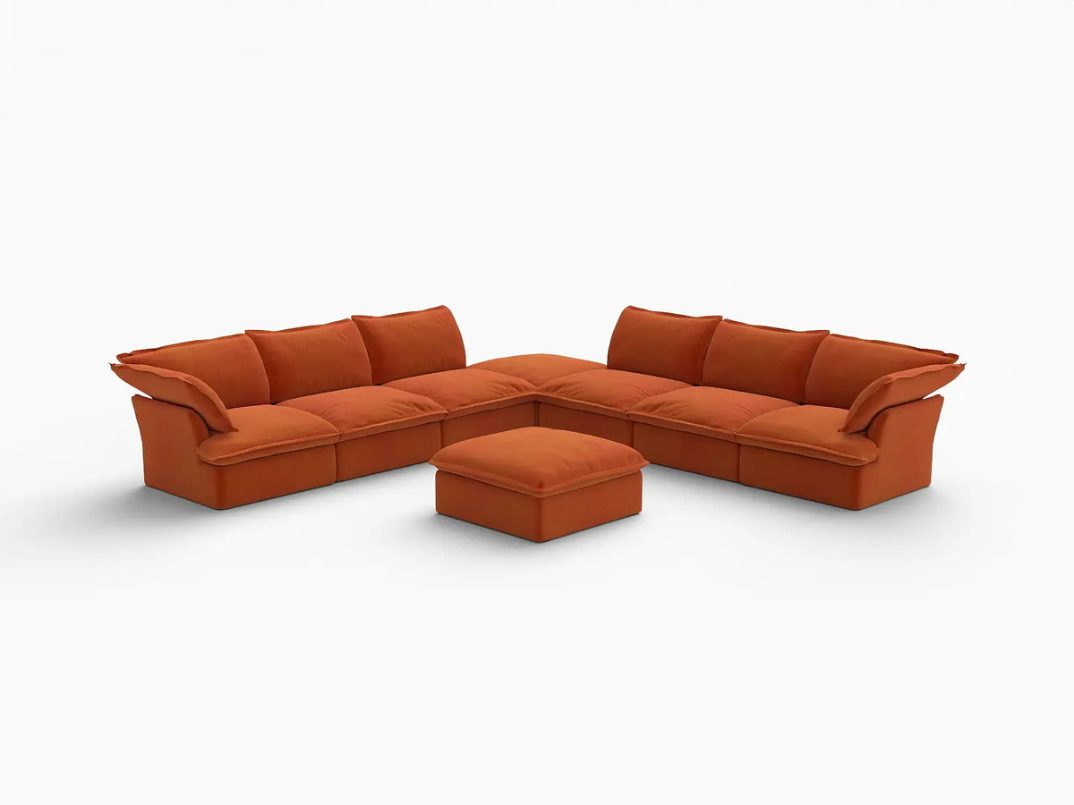Deluxe Cloud Dark Orange 6-Seater Sofa with Storage | 8-Piece (includes 2 ottomans), Velvet Fabric, Washable Covers