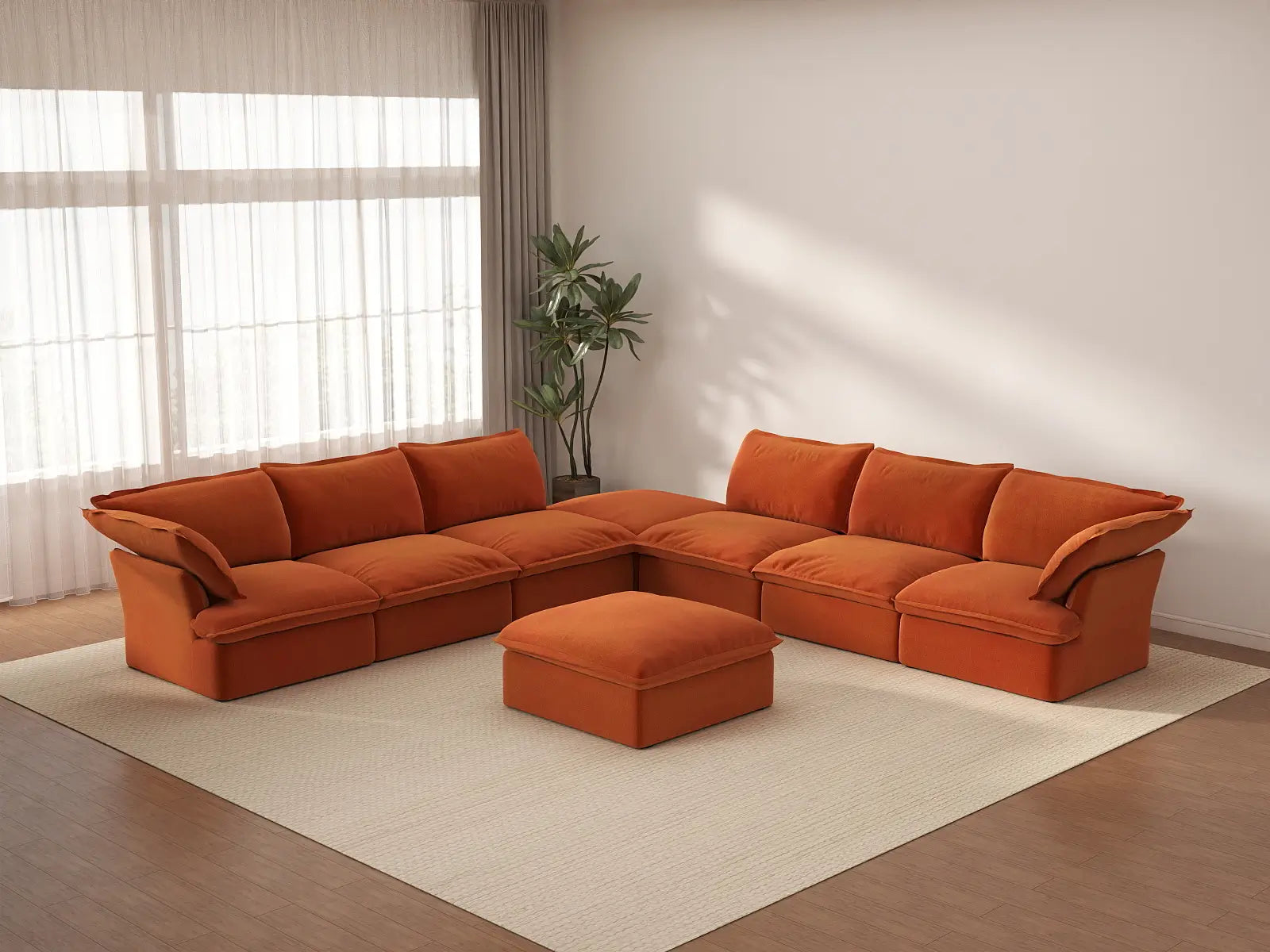 Deluxe Cloud Dark Orange 6-Seater Sofa with Storage | 8-Piece (includes 2 ottomans), Velvet Fabric, Washable Covers