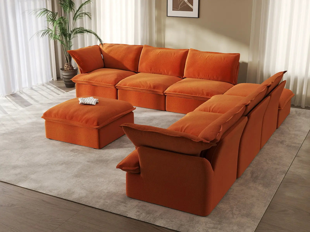 Deluxe Cloud Dark Orange 6-Seater Sofa with Storage | 8-Piece (includes 2 ottomans), Velvet Fabric, Washable Covers