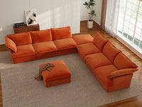 Deluxe Cloud Dark Orange 6-Seater Sofa with Storage | 8-Piece (includes 2 ottomans), Velvet Fabric, Washable Covers