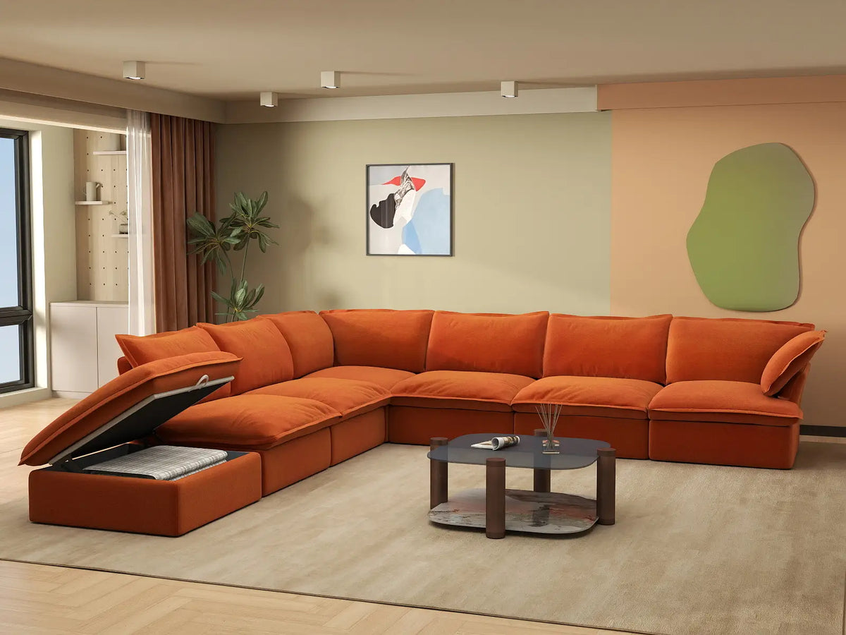 Deluxe Cloud Dark Orange 6-Seater V-Shaped Sofa with Storage | 7-Piece (includes 1 ottoman), Velvet Fabric, Washable Covers