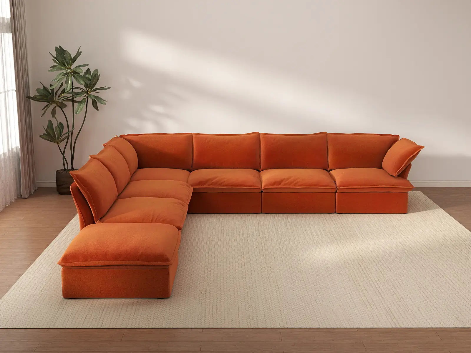 Deluxe Cloud Dark Orange 6-Seater V-Shaped Sofa with Storage | 7-Piece (includes 1 ottoman), Velvet Fabric, Washable Covers
