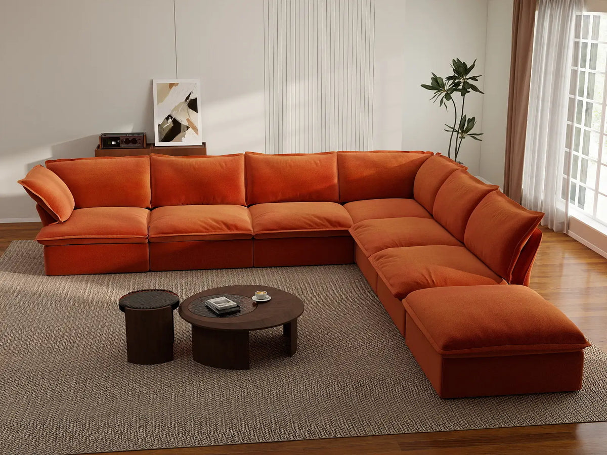 Deluxe Cloud Dark Orange 6-Seater V-Shaped Sofa with Storage | 7-Piece (includes 1 ottoman), Velvet Fabric, Washable Covers