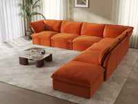 Deluxe Cloud Dark Orange 6-Seater V-Shaped Sofa with Storage | 7-Piece (includes 1 ottoman), Velvet Fabric, Washable Covers