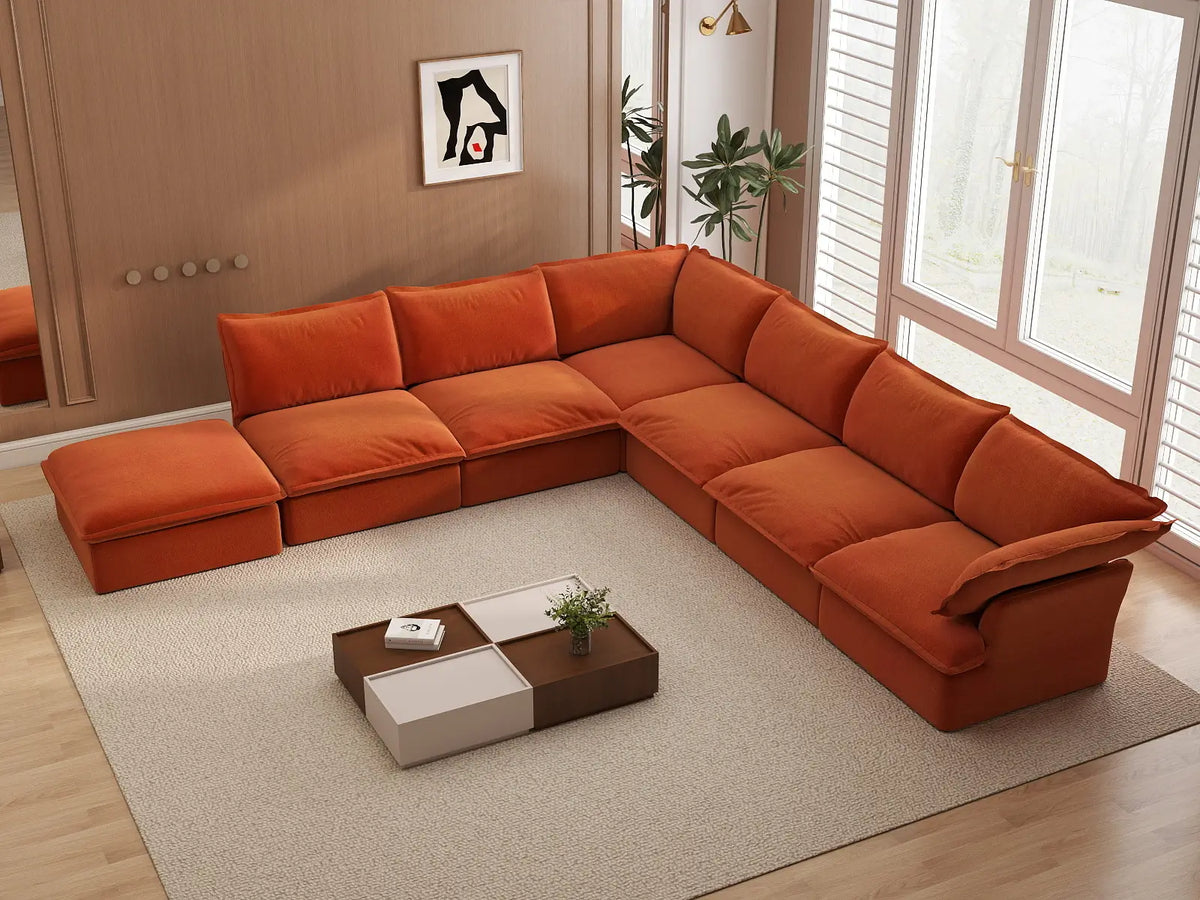 Deluxe Cloud Dark Orange 6-Seater V-Shaped Sofa with Storage | 7-Piece (includes 1 ottoman), Velvet Fabric, Washable Covers