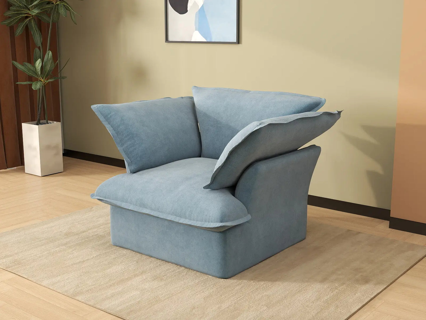 Deluxe Cloud Light Blue 1-Seater Single Sofa | 1-Piece, Velvet Fabric, Washable Covers