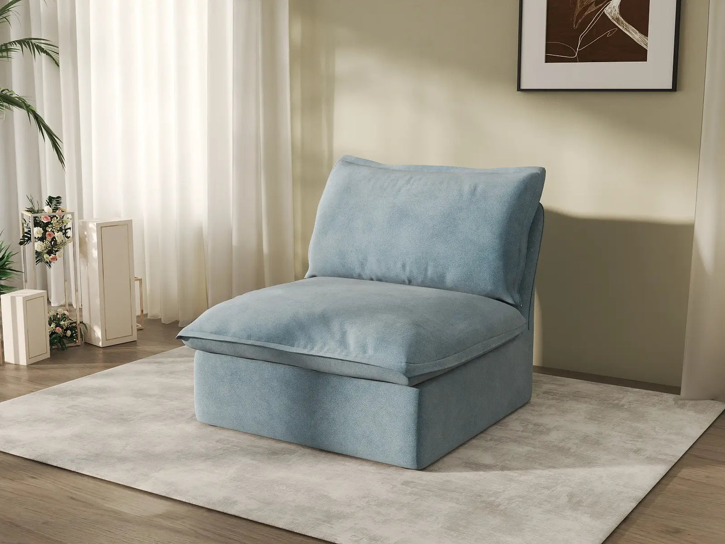 Deluxe Cloud Light Blue 1-Seater Single Sofa | 1-Piece, Velvet Fabric, Washable Covers
