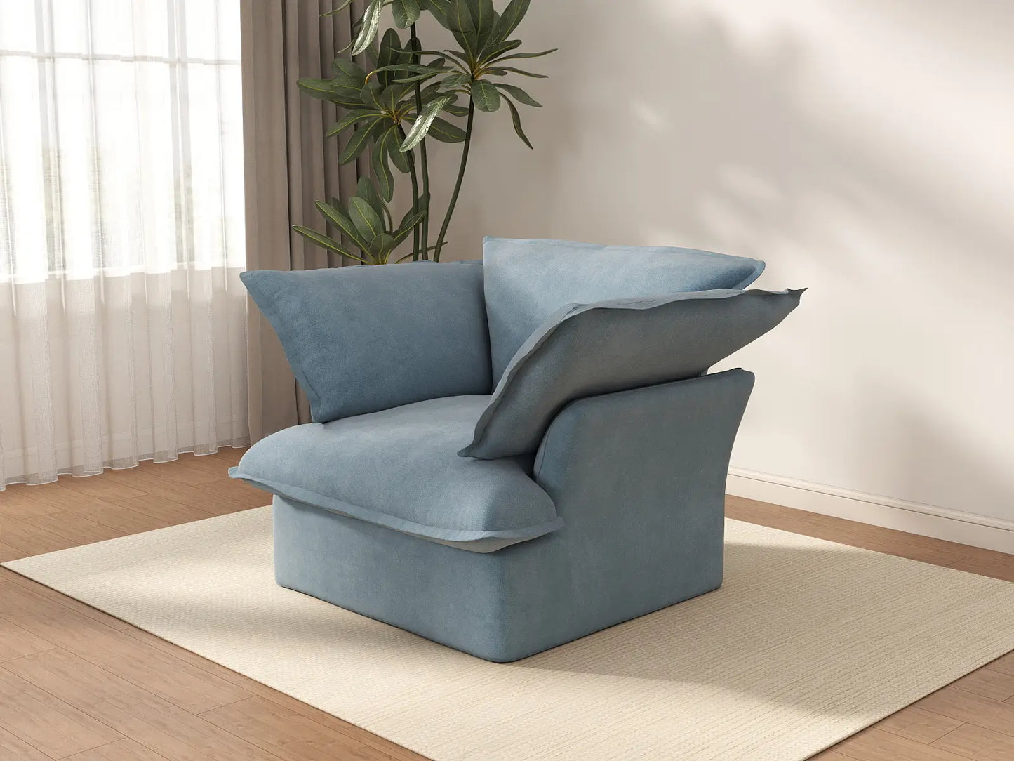 Deluxe Cloud Light Blue 1-Seater Single Sofa | 1-Piece, Velvet Fabric, Washable Covers