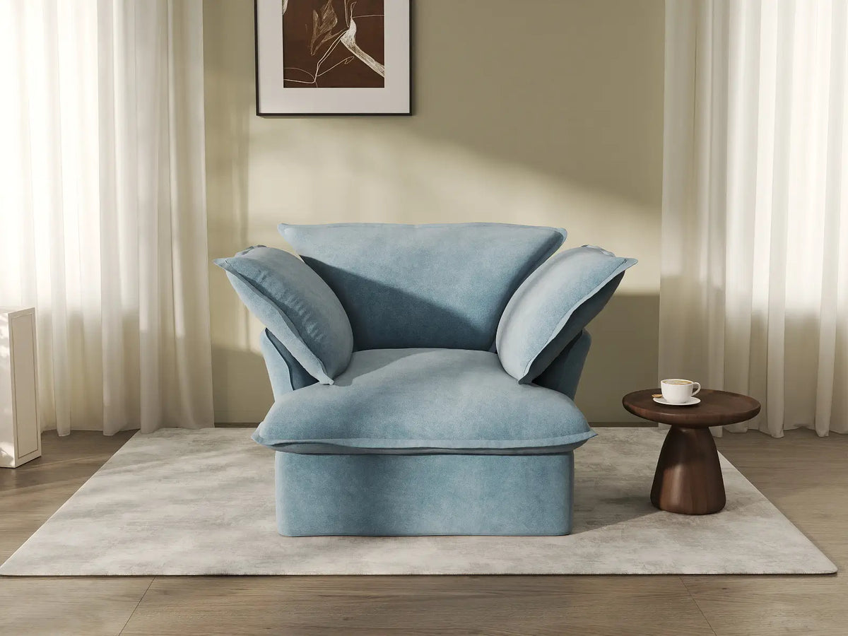 Deluxe Cloud Light Blue 1-Seater Single Sofa | 1-Piece, Velvet Fabric, Washable Covers